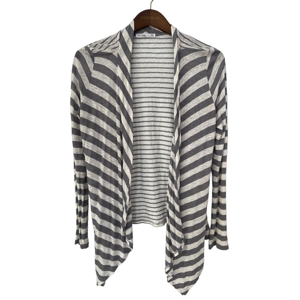 Femme By Tresics Cardigan Size XL Linen Gray White Stripe Open Soft Drape
